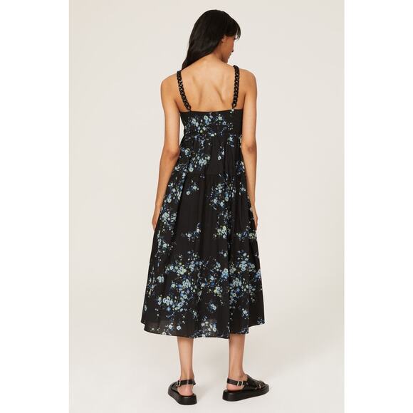 Les Rêveries Black Blue Floral Hourglass Square Neck Strap Midi Dress Size 6 - Picture 2 of 12